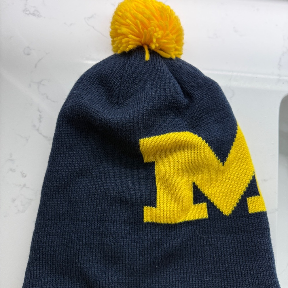 Adidas Navy and Yellow Pom-Pom Beanie